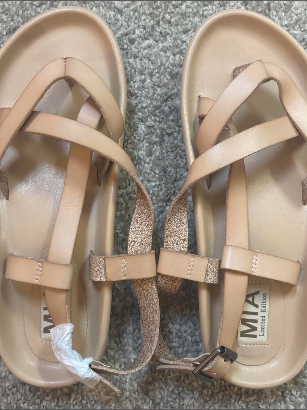 MIA Women's Nude Tan Crisscross Strappy Sandals with Metallic Back